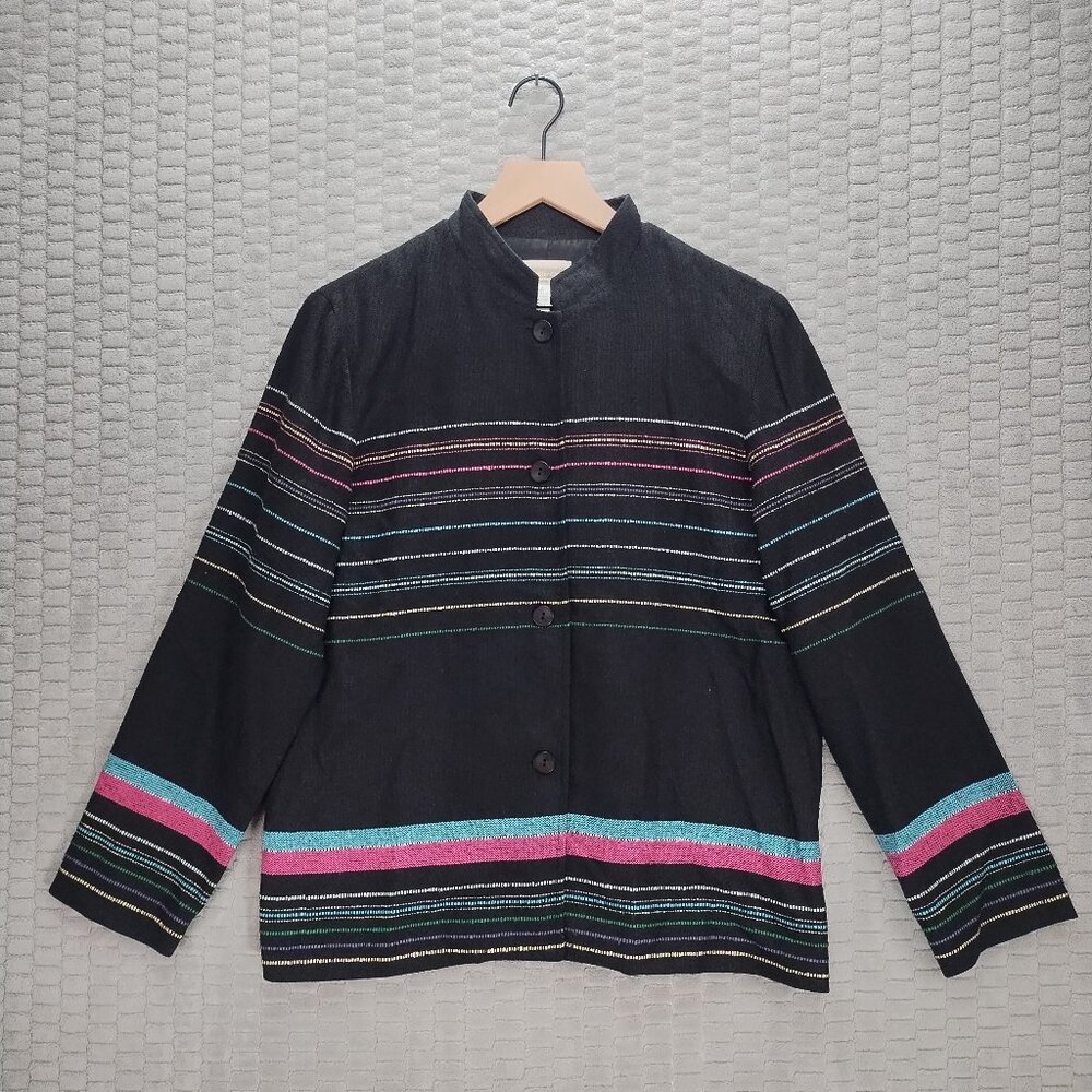 Raw Silk Blazer Black Multi-Colored Stripes Mandarin Collar-Coldwater Creek-Sz M